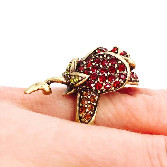 VTG Signed Heidi Daus Red Rose Crystal Gold Tone Elegant Cocktail Ring Romantic - Picture 8 of 13